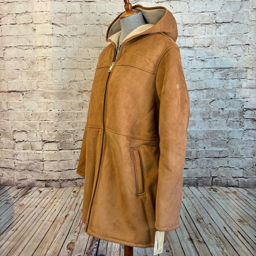 Michael Kors Faux Fur Shearling Suede Longline Hooded Jacket Full Zip Tan Gold - Picture 2 of 10